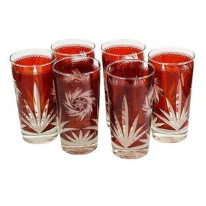 Ruby Red Flash Atomic Pinwheel Glass Set Vintage 1970's Dominion Barware